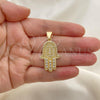 Oro Laminado Religious Pendant, Gold Filled Style Hand of God Design, with White Micro Pave and White Cubic Zirconia, Polished, Golden Finish, 05.342.0050