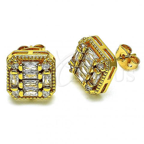 Oro Laminado Stud Earring, Gold Filled Style Baguette Design, with White Cubic Zirconia and White Micro Pave, Polished, Golden Finish, 02.342.0215