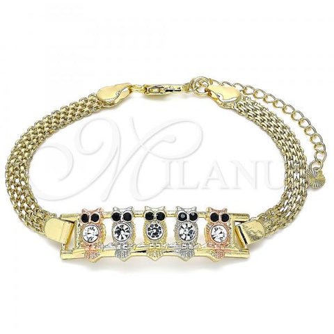Oro Laminado Fancy Bracelet, Gold Filled Style Owl Design, with White and Black Crystal, Polished, Tricolor, 03.380.0018.08