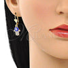 Oro Laminado Dangle Earring, Gold Filled Style Hand of God Design, with White Crystal, Blue Enamel Finish, Golden Finish, 02.380.0084