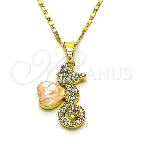Oro Laminado Pendant Necklace, Gold Filled Style Heart Design, with Rose Mother of Pearl and White Micro Pave, Polished, Golden Finish, 04.267.0002.18