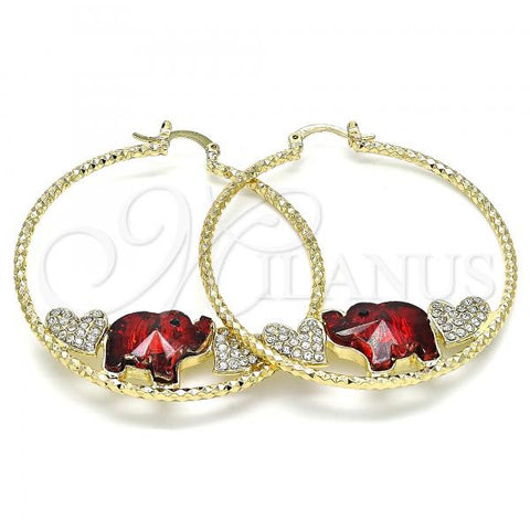 Oro Laminado Large Hoop, Gold Filled Style Elephant and Heart Design, with Garnet and White Crystal, Diamond Cutting Finish, Golden Finish, 02.380.0052.50
