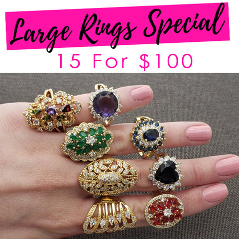 15 anillos CZ grandes ($6.60 c/u) Estilos mixtos variados y tamaños mixtos Capas doradas