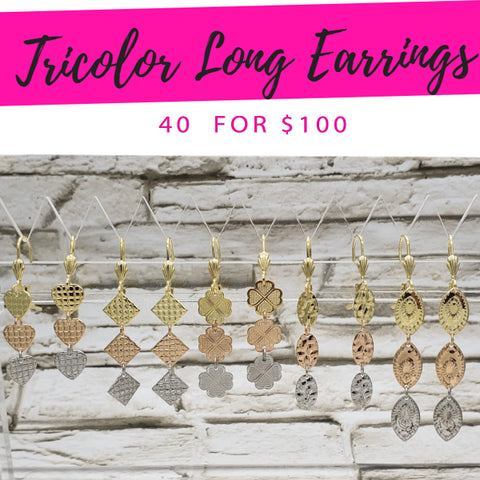40 aretes largos tricolores ($2.50 c/u) por $100 en capas de oro