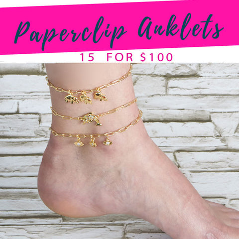 15 tobilleras con clip de moda ($ 6.67 cada una) por $ 100 Gold Layered