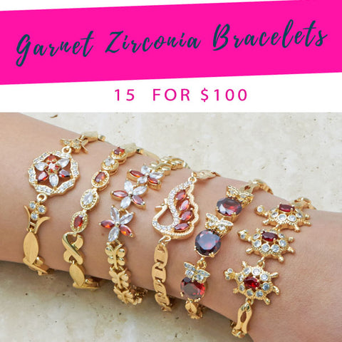 15 Brazaletes de Zirconia Granate Rojo ($6.67 cada uno) por $100 Oro Laminado
