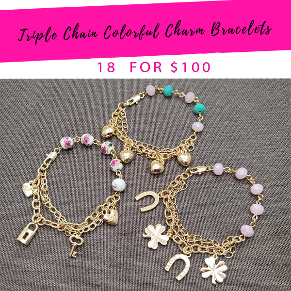 18 pulseras con dijes de cadena triple ($5.55 cada una) por $100 en capas de oro