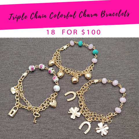 18 pulseras con dijes de cadena triple ($5.55 cada una) por $100 en capas de oro