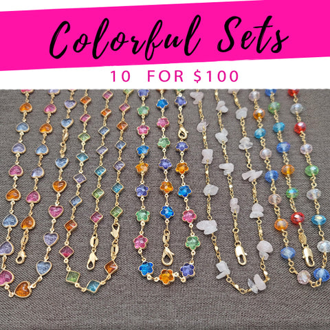 10 juegos coloridos de collar y pulsera ($10.00 cada uno) por $100 en capas de oro