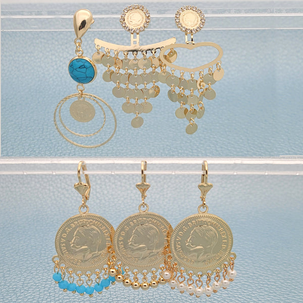18prs de aretes largos tipo moneda en capas de oro ($5.55) c/u