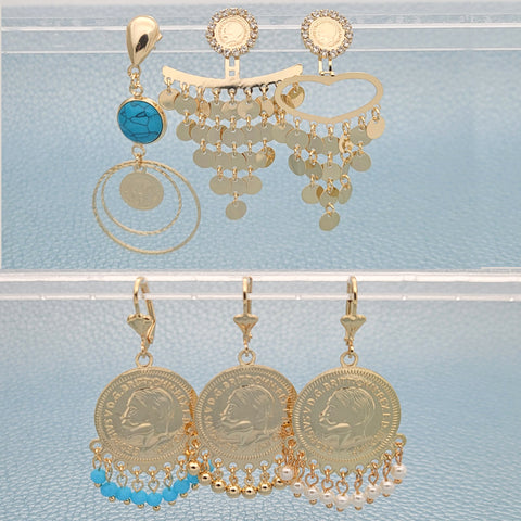 18prs de aretes largos tipo moneda en capas de oro ($5.55) c/u