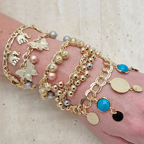 15 pulseras gruesas de dijes en capas de oro de verano ($6.67) c/u