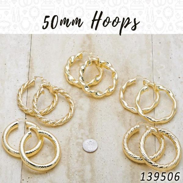 25prs de aretes de aro de 50 mm de diámetro en capas de oro ($4.00) c/u