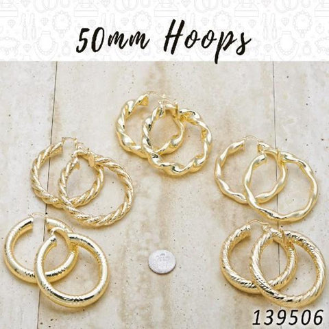 25prs de aretes de aro de 50 mm de diámetro en capas de oro ($4.00) c/u