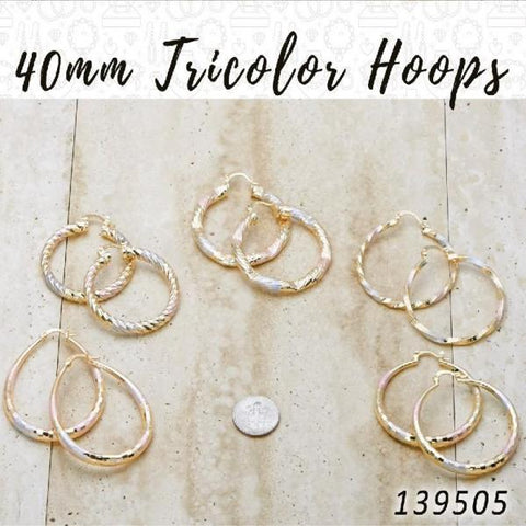 27prs of 40mm Diameter Tricolor Hoop Earrings in Gold Layered ($3.70) ea