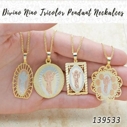 25 collares colgantes Divino Nino Tricolor en capas de oro ($4.00) c/u