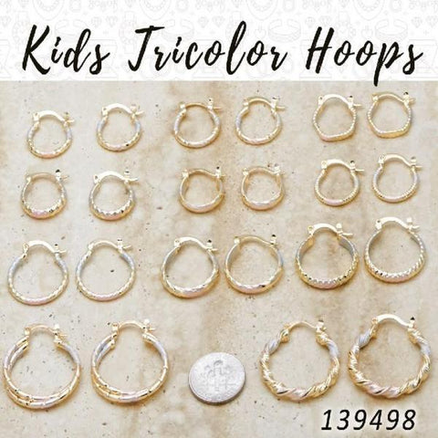 50prs of Kids Tricolor Hoops (10mm-15mm) in Gold Layered ($2.00) ea