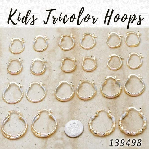 50prs de Kids Tricolor Hoops (10mm-15mm) en Gold Layered ($2.00) c/u