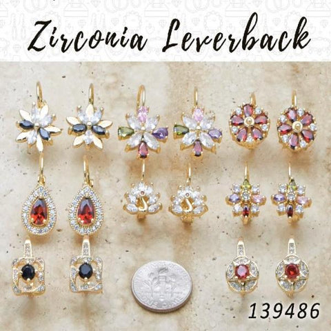 35 aretes de zirconia con cierre de palanca en capas de oro ($2.85) c/u