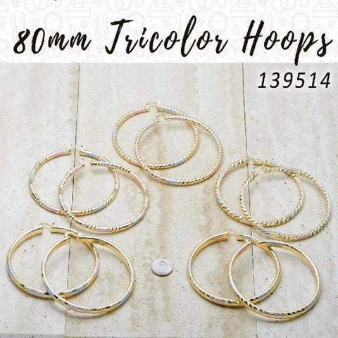 18prs of 80mm Diameter Tricolor Hoop Earrings in Gold Layered ($5.55) ea