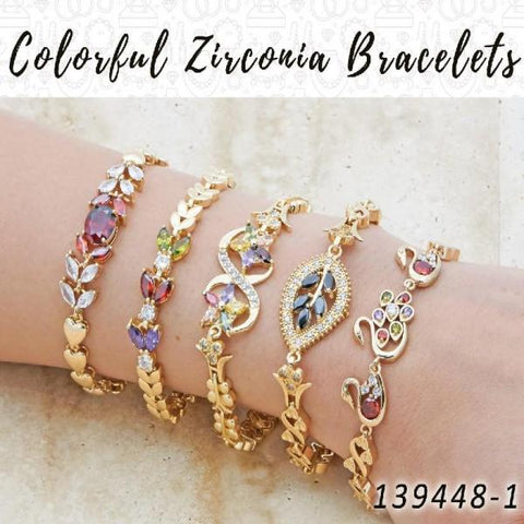 15 brazaletes coloridos de zirconia en capas de oro ($6.67) c/u