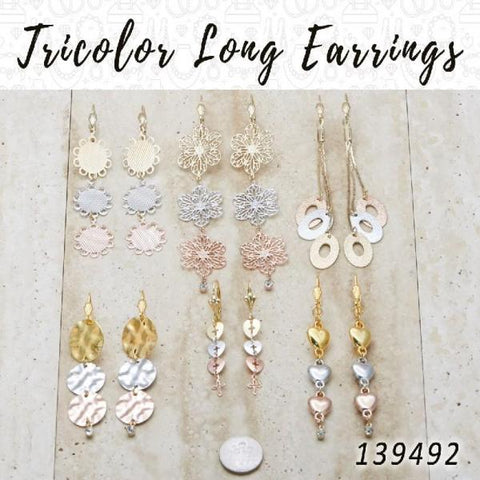 35 aretes largos tricolores en capas de oro ($2.85) c/u