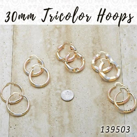 30prs of 30mm Diameter Tricolor Hoop Earrings in Gold Layered ($3.33) ea