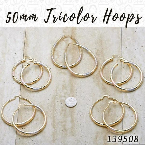 25prs de aretes de aro tricolor de 50 mm de diámetro en capas de oro ($4.00) c/u
