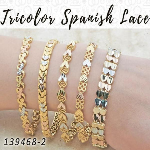 12 Brazaletes tricolores de encaje español en capas de oro ($8.33) c/u