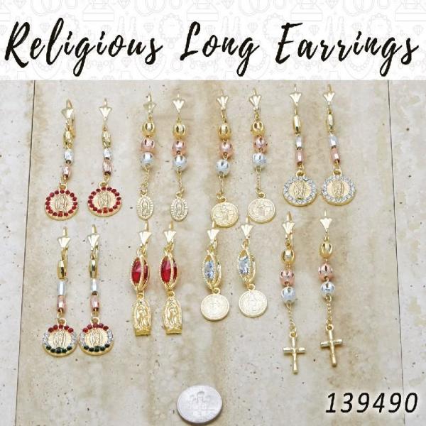 35 aretes largos religiosos en capas de oro ($2.85) c/u
