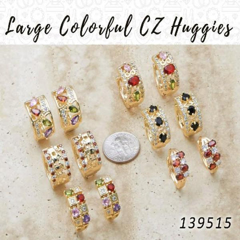 35 Huggies de circonitas coloridas en capas de oro ($2.85) c/u