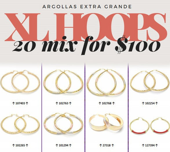 20 Aretes tipo argolla XL ($5.00 c/u) Surtido de estilos mixtos