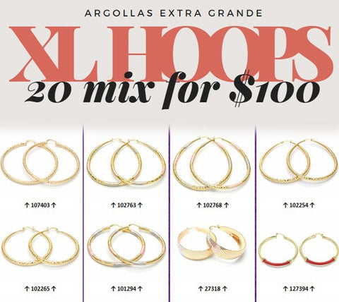 20 Aretes tipo argolla XL ($5.00 c/u) Surtido de estilos mixtos