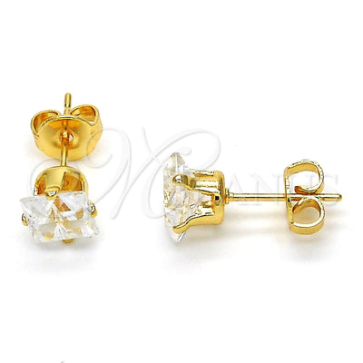 Oro Laminado Stud Earring, Gold Filled Style Square Four Cut Design, with White Cubic Zirconia, Polished, Golden Finish, 5.128.031