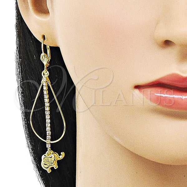 Oro Laminado Long Earring, Gold Filled Style Elephant Design, with White Crystal, Polished, Golden Finish, 5.063.001