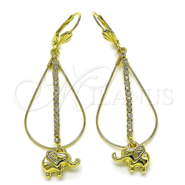 Oro Laminado Long Earring, Gold Filled Style Elephant Design, with White Crystal, Polished, Golden Finish, 5.063.001