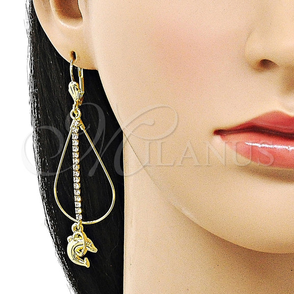 Oro Laminado Long Earring, Gold Filled Style Dolphin and Teardrop Design, with White Cubic Zirconia, Polished, Golden Finish, 5.063.002