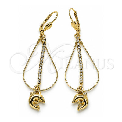Oro Laminado Long Earring, Gold Filled Style Dolphin and Teardrop Design, with White Cubic Zirconia, Polished, Golden Finish, 5.063.002