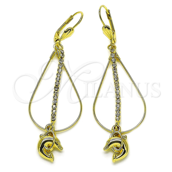 Oro Laminado Long Earring, Gold Filled Style Dolphin and Teardrop Design, with White Cubic Zirconia, Polished, Golden Finish, 5.063.002
