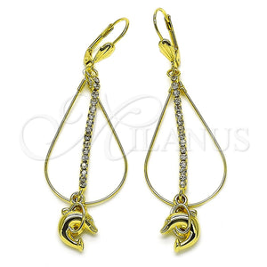 Oro Laminado Long Earring, Gold Filled Style Dolphin and Teardrop Design, with White Cubic Zirconia, Polished, Golden Finish, 5.063.002