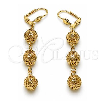 Oro Laminado Long Earring, Gold Filled Style Ball Design, Polished, Golden Finish, 5.065.002