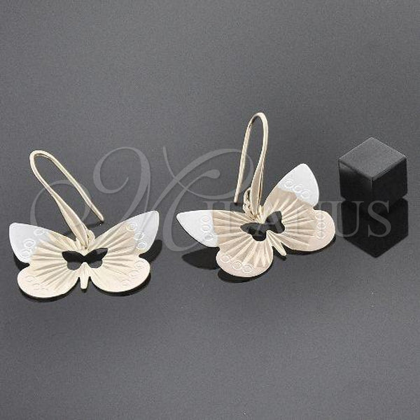 Oro Laminado Dangle Earring, Gold Filled Style Butterfly Design, Diamond Cutting Finish, Tricolor, 5.067.006