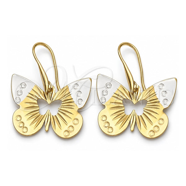 Oro Laminado Dangle Earring, Gold Filled Style Butterfly Design, Diamond Cutting Finish, Tricolor, 5.067.006