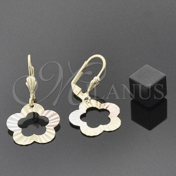 Oro Laminado Dangle Earring, Gold Filled Style Flower Design, Polished, Tricolor, 5.070.014