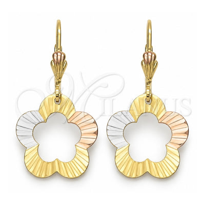 Oro Laminado Dangle Earring, Gold Filled Style Flower Design, Polished, Tricolor, 5.070.014