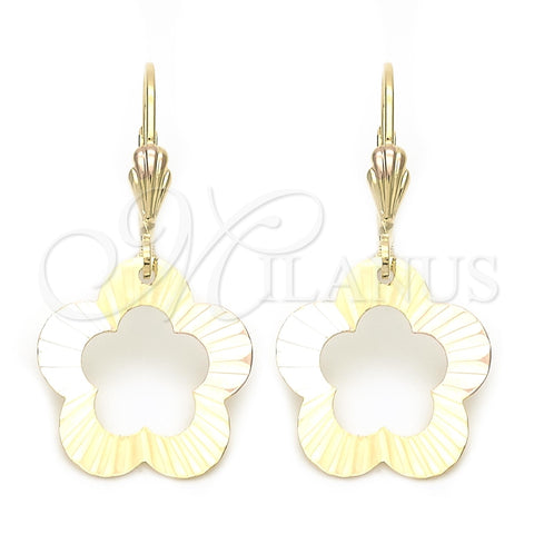 Oro Laminado Dangle Earring, Gold Filled Style Flower Design, Polished, Tricolor, 5.070.014