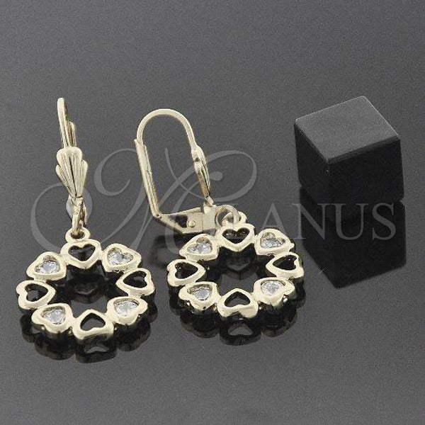 Oro Laminado Dangle Earring, Gold Filled Style Heart Design, with White Cubic Zirconia, Polished, Golden Finish, 5.073.011