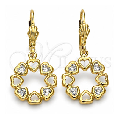 Oro Laminado Dangle Earring, Gold Filled Style Heart Design, with White Cubic Zirconia, Polished, Golden Finish, 5.073.011