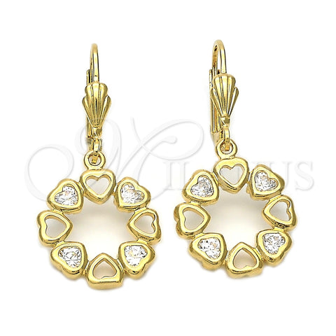 Oro Laminado Dangle Earring, Gold Filled Style Heart Design, with White Cubic Zirconia, Polished, Golden Finish, 5.073.011
