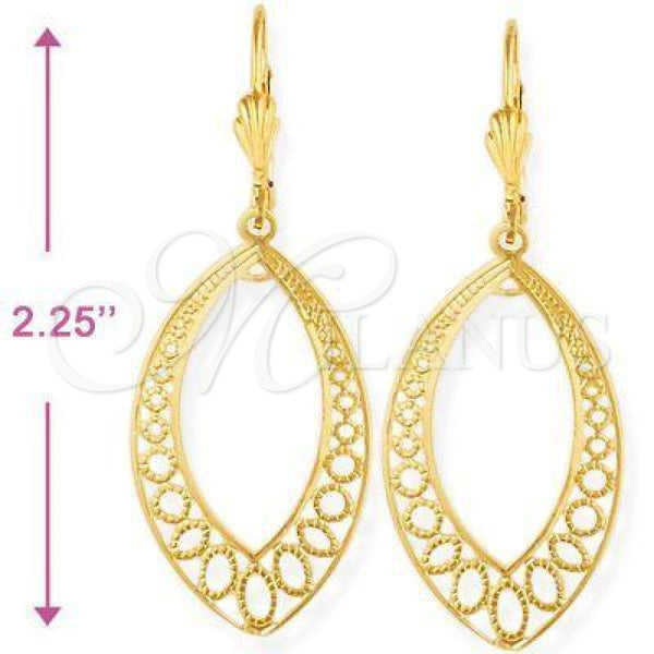 Oro Laminado Long Earring, Gold Filled Style Filigree and Teardrop Design, Diamond Cutting Finish, Golden Finish, 5.074.006